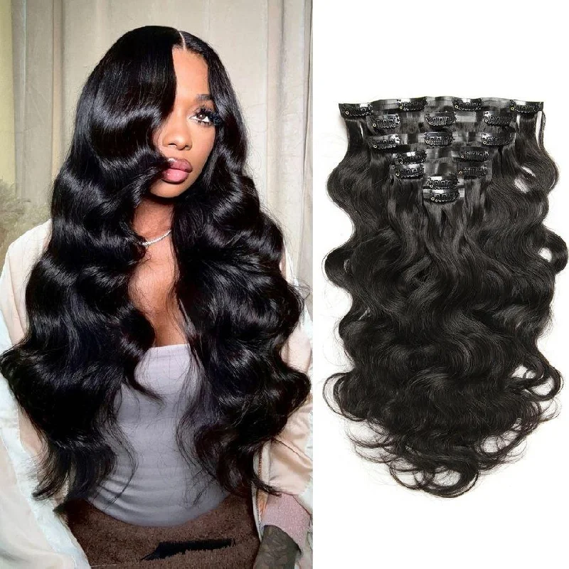 Clip - in hair extensions with a side - part for a more flattering lookWOWANGEL Body Wave Seamless Clip In Hair Extensions Natural Black