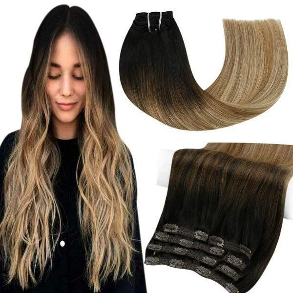 Clip - in hair extensions in a jet - black color for a classic and timeless appearance7pcs Clip in Human Hair Extensions Balayage Dark Brown to Blonde #2/6/24 |Youngsee Clip - in hair extensions in a jet - black color for a classic and timeless appearance7pcs Clip in Human Hair Extensions Balayage Dark Brown to Blonde #2/6/24 |Youngsee