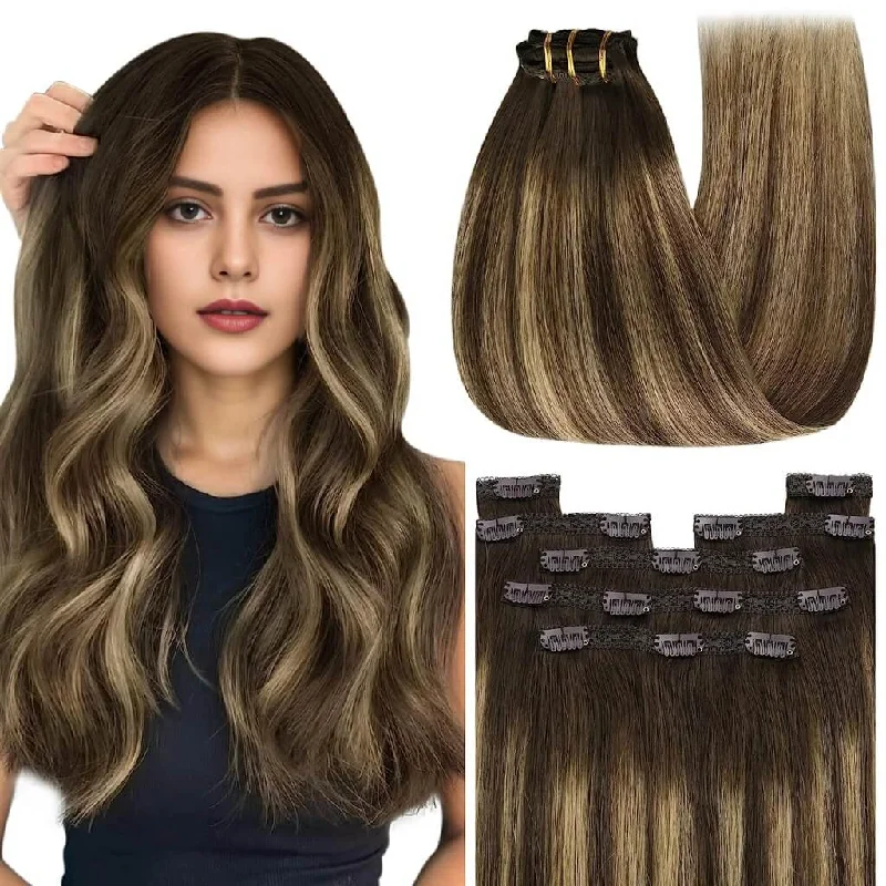 Human - hair clip - in hair extensions for a natural and luxurious look7pcs Clip in Remy Human Hair Extensions Balayage Brown with Blonde #4/27/4 |Youngsee Human - hair clip - in hair extensions for a natural and luxurious look7pcs Clip in Remy Human Hair Extensions Balayage Brown with Blonde #4/27/4 |Youngsee