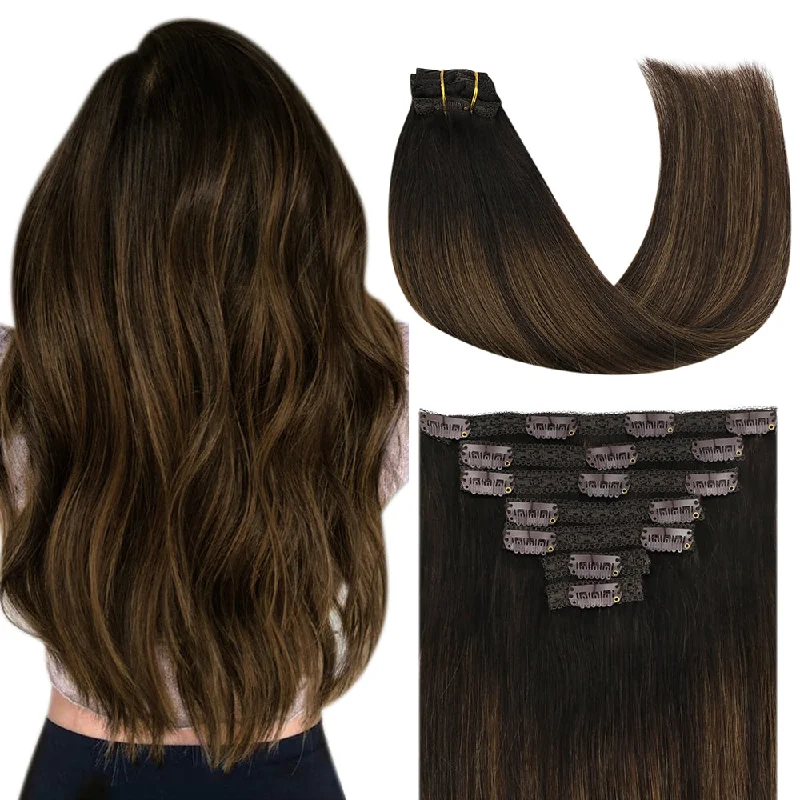 Clip - in hair extensions in a jet - black color for a classic and timeless appearance7pcs Clip in Remy Human Hair Extensions Balayage Dark Brown #2/2/6 |Youngsee