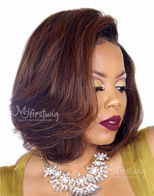 10-14 Inch Brown Highlight Bob Glueless Human Hair Lace Wig / Closure Wig - Kay LFW027