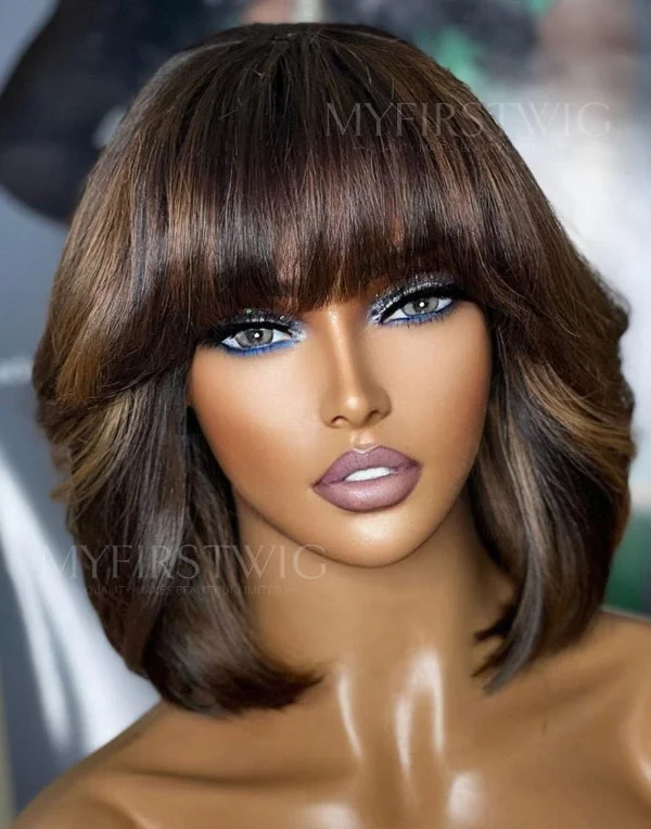 10-14 Inch Brown Highlight Bob With Bangs Glueless Human Hair Lace Wig / Closure Wig - SPE033 10-14 Inch Brown Highlight Bob With Bangs Glueless Human Hair Lace Wig / Closure Wig - SPE033