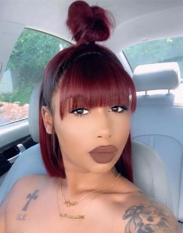 10-14 Inch Burgundy Bob with Bangs Glueless Human Hair Lace Wig / Closure Wig - Frida LFB008