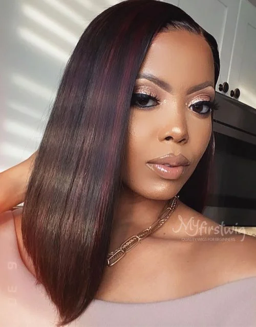 10-14 Inch Burgundy Highlight Bob Glueless Human Hair Lace Wig / Closure Wig - Deisha LFB011