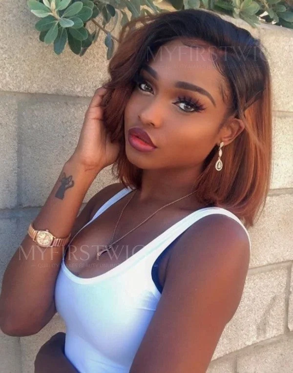 10-14 Inch Glueless Bob Ombre Brown Human Hair Lace Wig / Closure Wig - Jennie LFB014