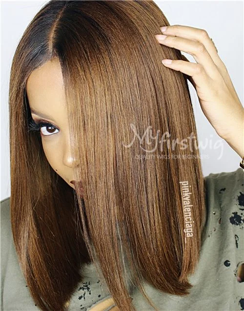 10-14 Inch Ombre Brown Bob Glueless Human Hair Lace Wig / Closure Wig - LFW007