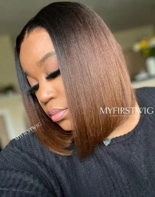 10-14 Inch Ombre Brown Straight Bob Glueless Human Hair Lace Wig / Closure Wig - Erica LFW010