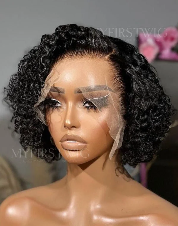 12-14 Inch Curly Short Bob Glueless Human Hair Lace Wig / Closure Wig - OPH004