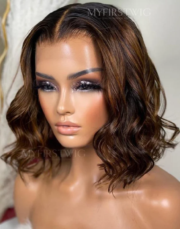 12-16 Inch Highlight Brown Wavy Bob Glueless Human Hair Lace Wig / Closure Wig - OPH015