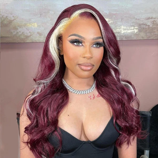 [Christmas Sale]13x4 Burgundy 99J With 613 Blonde Skunk Stripe Glueless Human Hair Wigs Body Wave Lace Front Wig Flash Sale