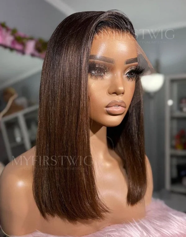 14-16 Inch Dark Brown Bob Glueless Human Hair Lace Wig / Closure Wig - OPH005