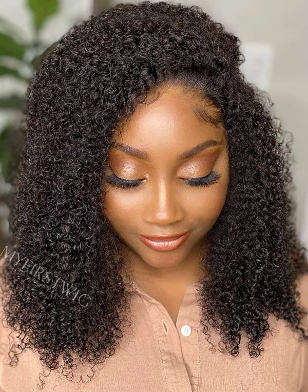 14-18 Inch Natural Kinky Curly Glueless Human Hair Lace Wig / Closure Wig - LFC018