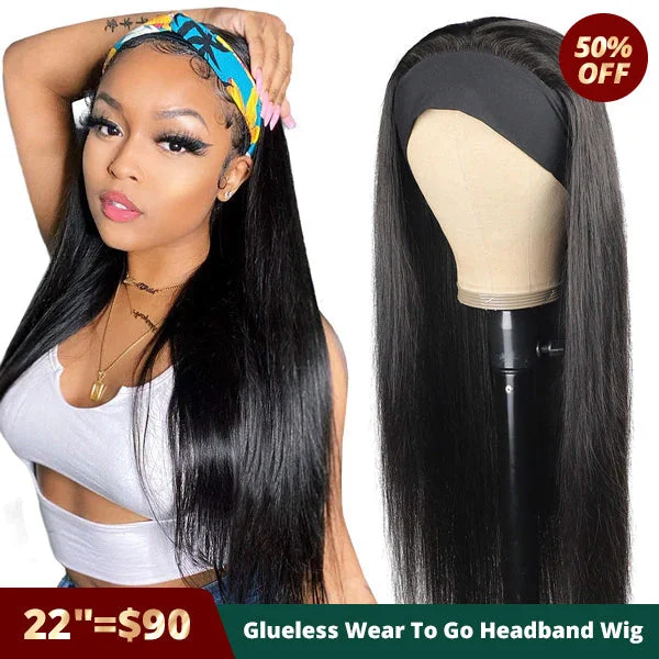 [22"=$90] Christmas Gifts for Her Straight Glueless Wear To Go Headband Wig with Pre-attached Scarf Flash Sale
