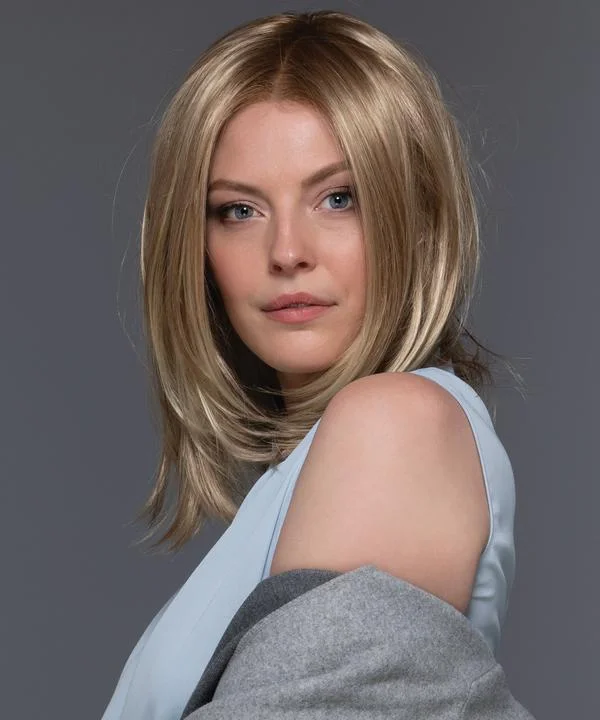 Medium - length wig with a platinum - blonde color for a bold and trendy lookHudson Wig by Estetica | Mono Top Medium - length wig with a platinum - blonde color for a bold and trendy lookHudson Wig by Estetica | Mono Top