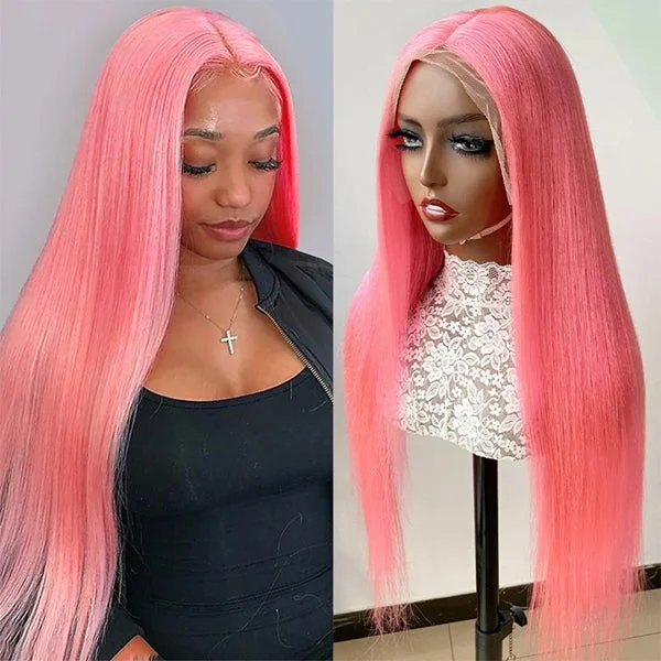 Lolly Hot Pink Lace Front Wigs 13x4 HD Transparent Straight Lace Frontal Wig For Women Glueless Colored Human Hair Wigs