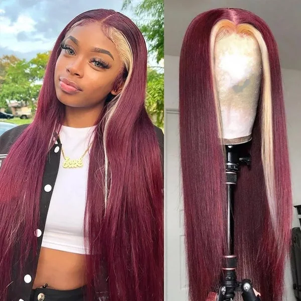 Lolly 99J Burgundy Red With 613 Blonde Glueless Wigs Straight 13x4 HD Lace Front Wigs Skunk Stripe Colored Human Hair Wigs